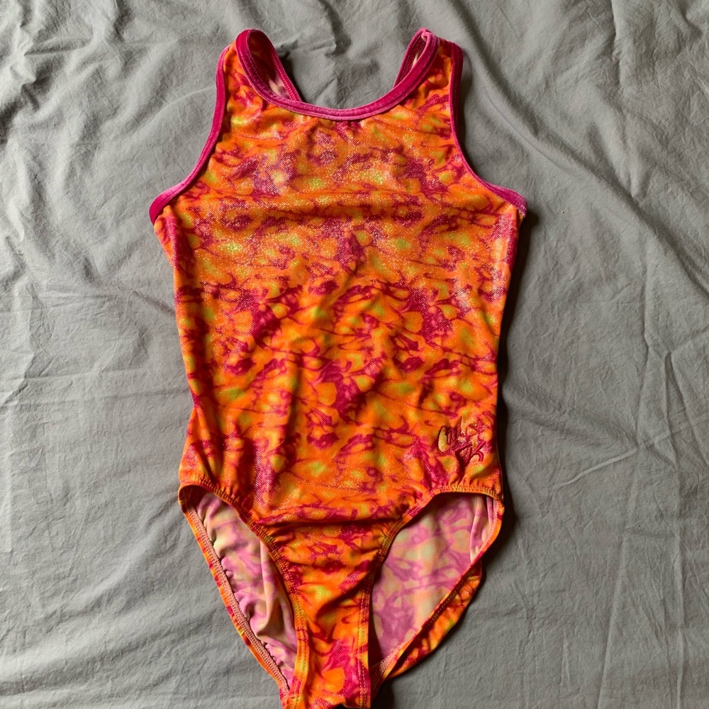 GK “Carly” Bright Pink, Orange, Yellow Gymnastics Leotard
